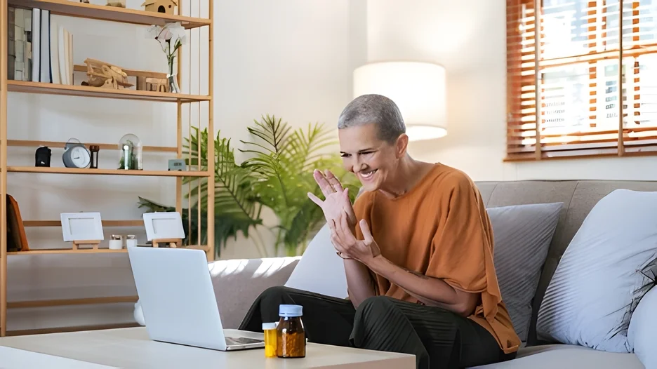 A person sitting on a couch and looking at a computer