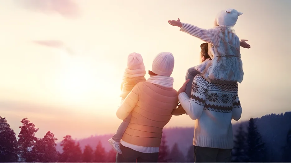 A family looking at the sunset