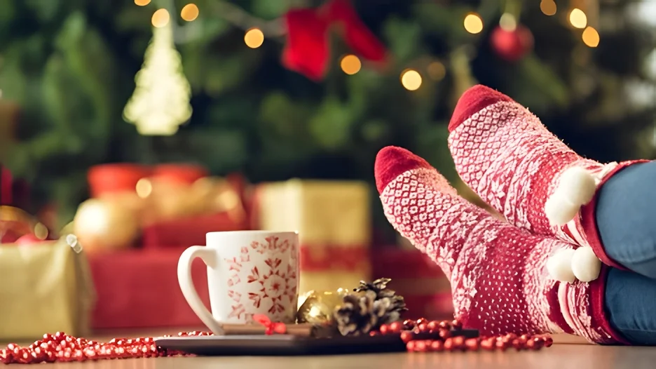 A person's feet in red socks and a mug with a christmas tree in the background