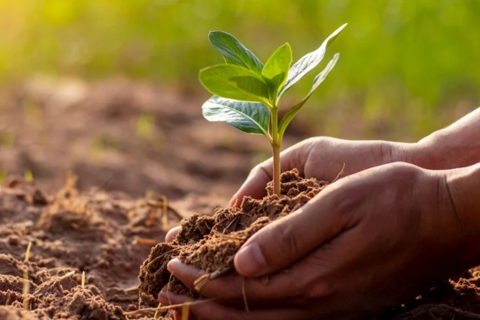 Person planting seedling in the ground