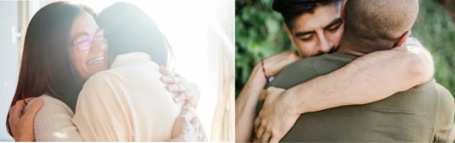 Two photos of humans embracing